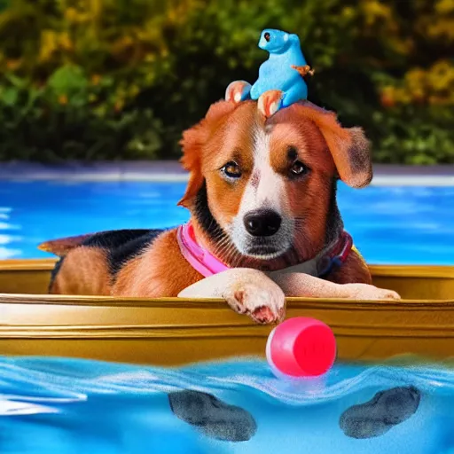 Image similar to a dog in a pool with a toy boat on the top of the dog's head, realistic, highly detailed, photo, 4k