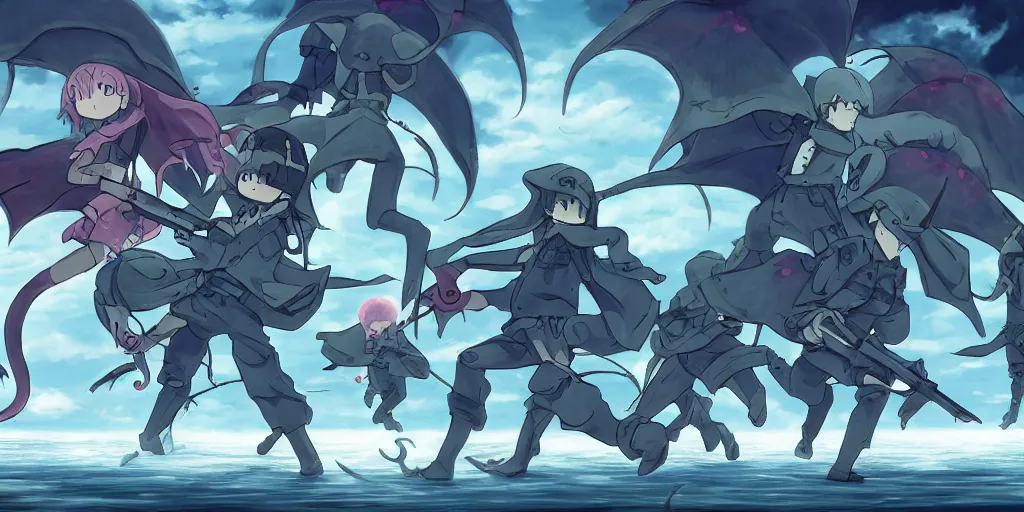 Prompt: soldiers fighting cthulhu monsters ; digital painting, anime art, smooth, sharp focus, rule of thirds, madoka magica, by ghibli