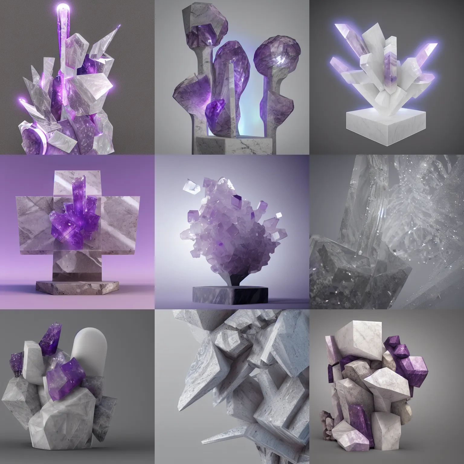 Prompt: abstract sculpture made of white marble and amethyst crystals quartz, ethereal lights, fine details, octane render