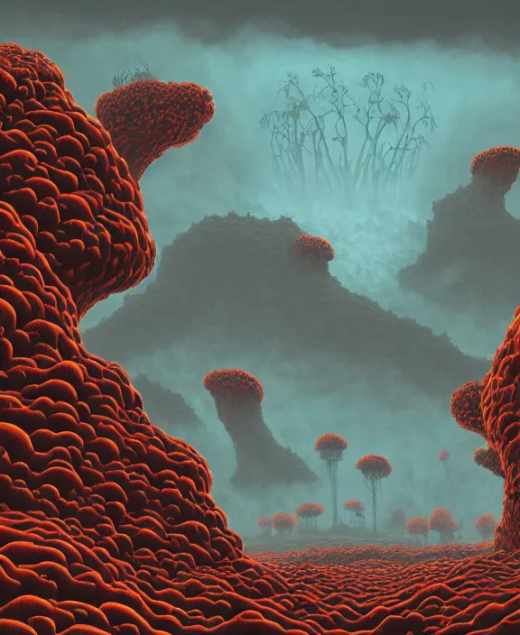 Image similar to simplicity, an elegant structure made out of exotic fungus, overgrown with creepy blobs, organic, partly cloudy, hellscape, hell, fire, brimstone, lava, by dan mumford, yusuke murata, makoto shinkai, ross tran, cinematic, unreal engine, cel shaded, featured on artstation, pixiv