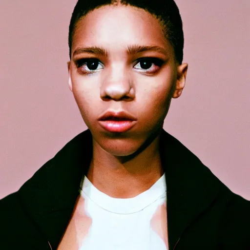 Image similar to realistic photoshooting for a new ssense lookbook, color film photography, model has experimental makeup, portrait of a beautiful woman, photo in style of tyler mitchell, 3 5 mm, y 2 k