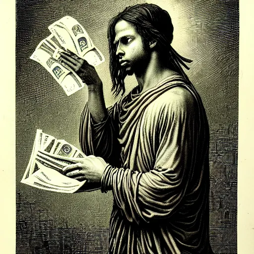 Image similar to lil durk rapper holding stacks of cash, biblical image, style of gustave dore, highly detailed, beautiful, high contrast, black and white