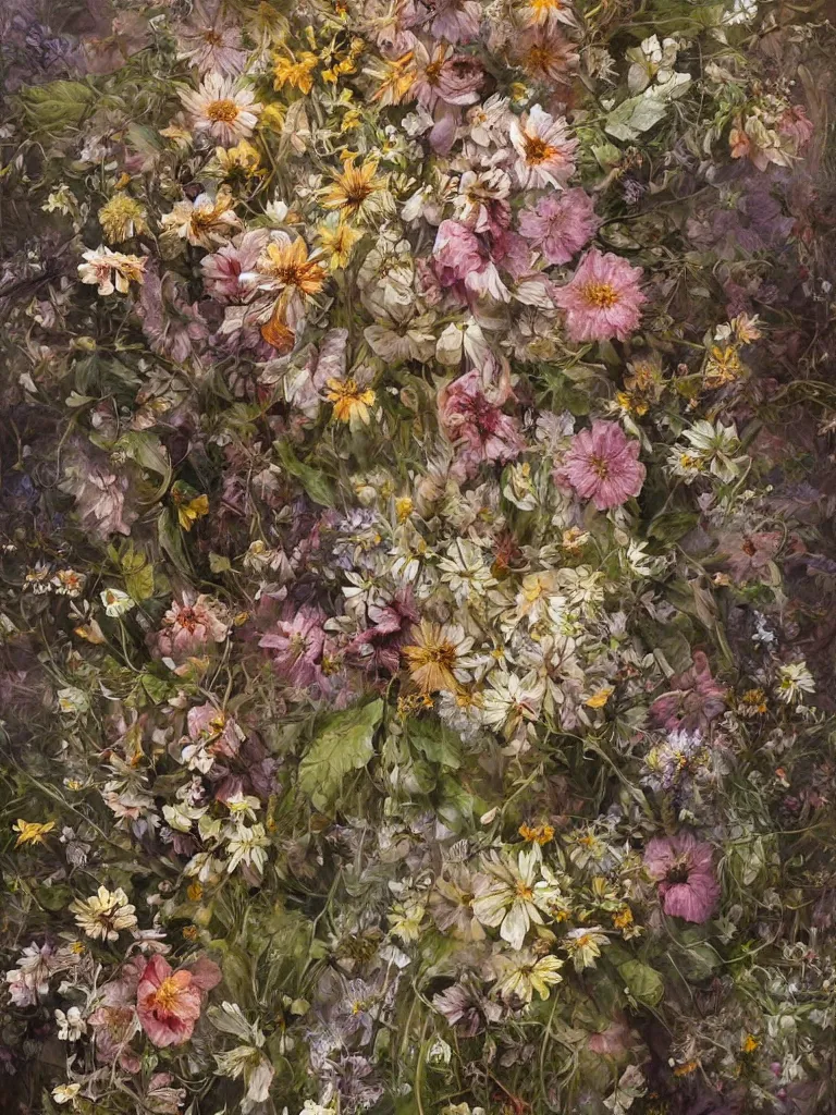 Prompt: a chaotic whirlwind of fresh wildflowers and leaves, intricate details, aesthetically pleasing and harmonious natural colors, art by marco mazzoni, impressionism, detailed, dark, spring, flowers