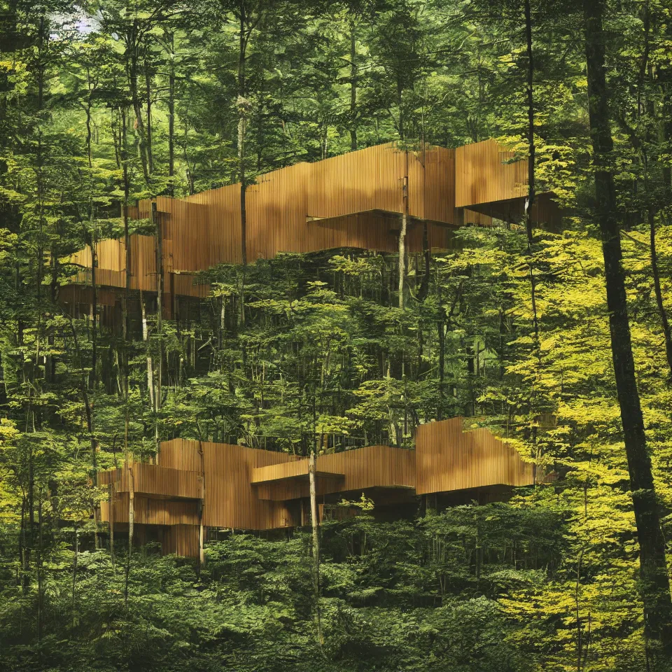 Prompt: architecture ad for a mid-century modern house in the forest, designed by Kengo Kuma. Film grain, cinematic, yellow hue