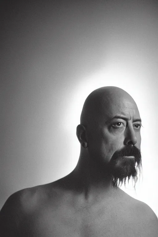Prompt: High resolution medium shot portrait of bald Dave Grohl, dramatic lighting, Fuji Superia, F 2.8, 85mm, magazine photography,