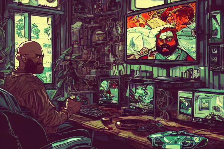 Image similar to a bald man with a big red beard playing video games by dan mumford and sandra chevrier, 4 k