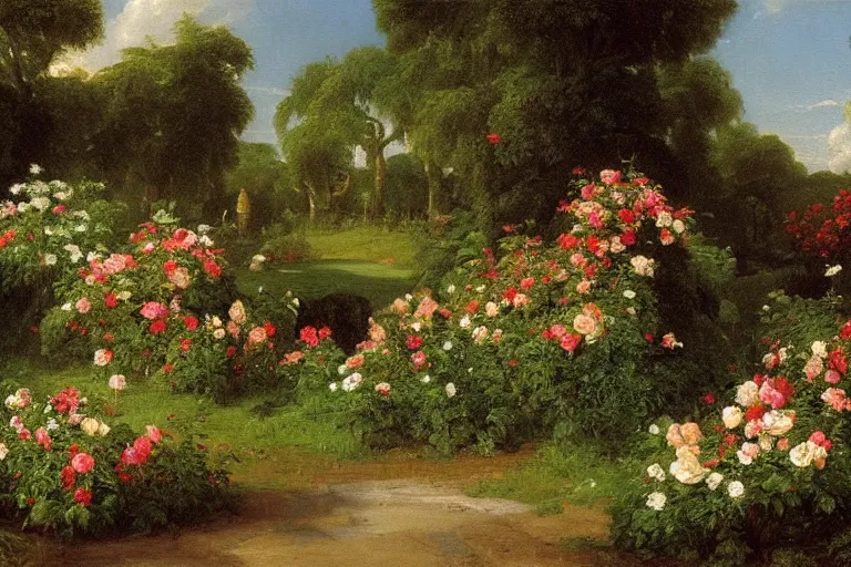 Prompt: A beautiful painting of a rose garden, Thomas Cole, oil on canvas