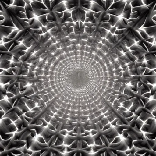 Prompt: hyperrealistic 3 d render of a massive fractal cathedral interior populated by mandelbrot fractals, carving, unreal engine, carved ivory, octane render, realistic, white, volumetric lighting, hyperrealism, shocking, glowing, carved marble, opalescent, carved soap, sacred geometry, angelic, catholicpunk, photorealism, 8 k, trending on artstation