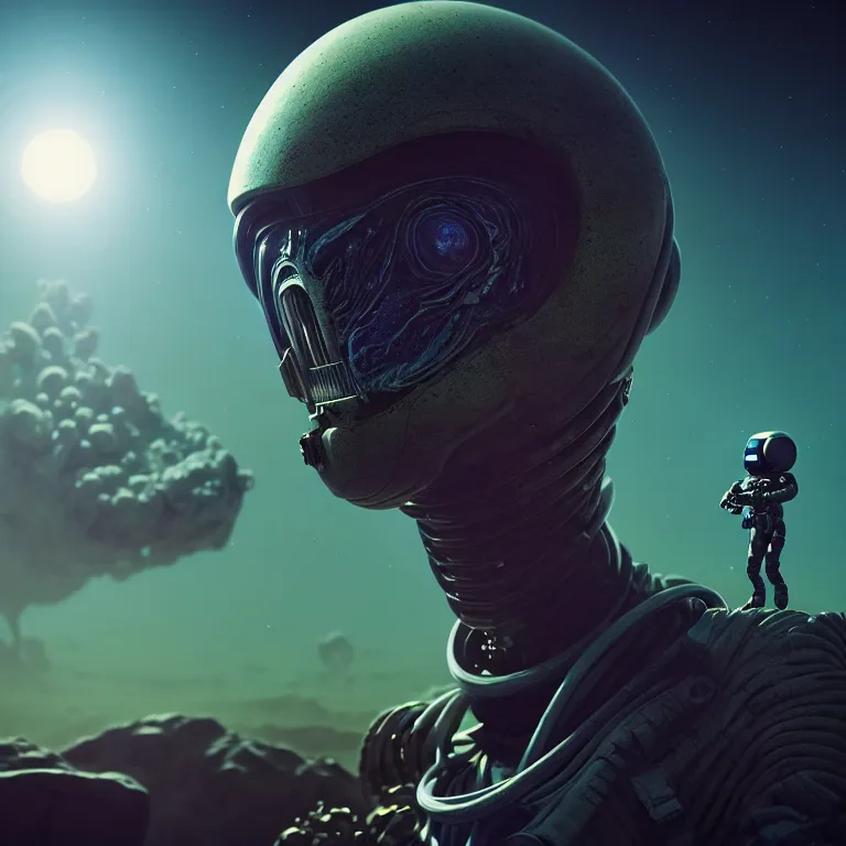 Image similar to surreal closeup portrait of alien astronaut in wastelands on exoplanet, lucid dream - like heavy atmosphere, baroque painting, harsh flash photo, perfect composition, detailed octane render trending on artstation, 8 k artistic photography, volumetric cinematic perfect light, chiaroscuro, masterpiece, raphael, caravaggio, beksinski, rutkowski, beeple