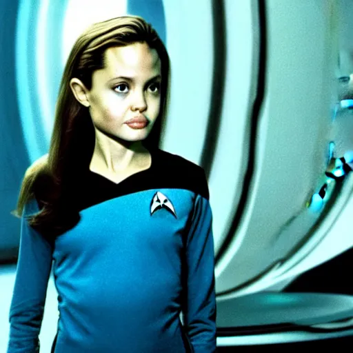 Prompt: young Angelina Jolie is the captain of the starship Enterprise in the new Star Trek movie