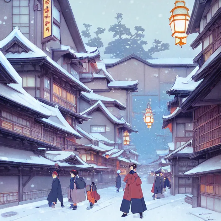 Image similar to japanese city, winter, in the style of studio ghibli, j. c. leyendecker, greg rutkowski, artem