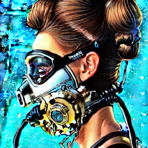 Prompt: portrait of a female diver with a oxygen mask intricate details on the carved metallic mask by MARVEL comics and Sandra Chevrier