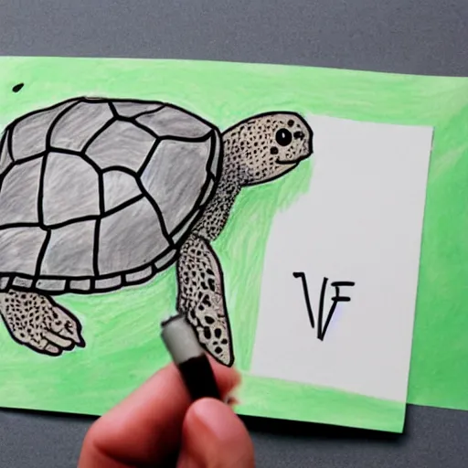 Image similar to a child's drawing of a turtle holding a receipt that says NFT! on it