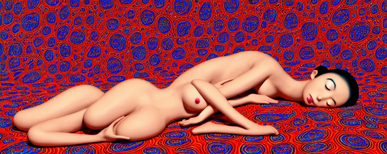 Image similar to realistic detailed image of a geisha laying down in a padded room, conjuring psychedelic background, part by yayoi kusama, part by alex gray, part by ross tran, part by james jean, ultra realistic, highly detailed, life like face, detailed body, 8 k, octane render, trending on artstation, very cohesive, masterpiece