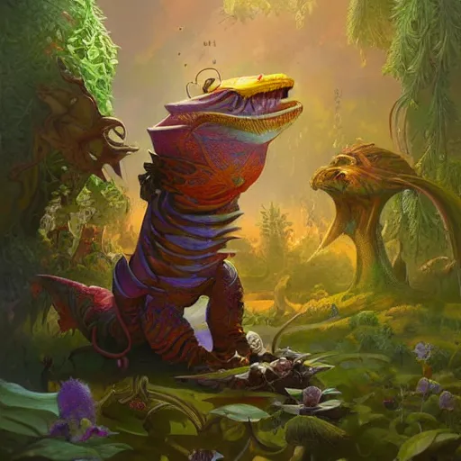 Prompt: gek enjoying medicinal herb colorful, fantasy, intricate, highly detailed, digital painting, hq, trending on artstation, illustration, style of stanley artgerm and greg rutkowski and dan mumford