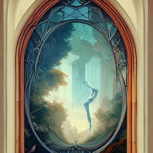 Prompt: beautiful full size large window with four panes, four yearseason is represented by peter mohrbacher, art nouveau, landscape, cinematic