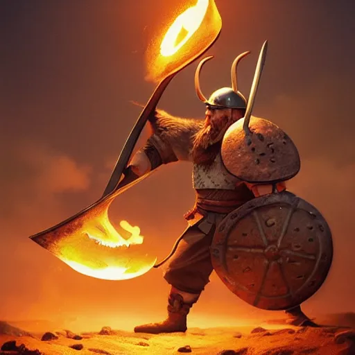 Image similar to viking battle toast, a slice of toasted bread with a face, arms and legs, holding a sword, cute, pixar, volumetric lighting, dynamic composition, fantasy, hyper detailed, ultra realistic, sharp focus, octane render, concept art by ruan jia and heng z and artem