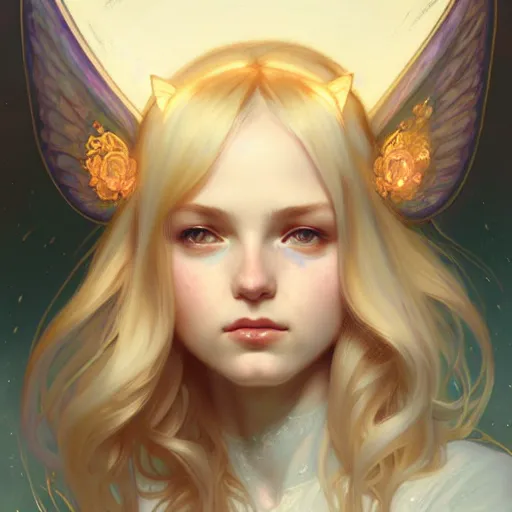 Prompt: Portrait of a girl angel with blonde hair, cat ears, glowing halo, wings, fantasy, intricate, elegant, highly detailed, digital painting, artstation, concept art, smooth, sharp focus, illustration, art by Krenz Cushart and Artem Demura and alphonse mucha