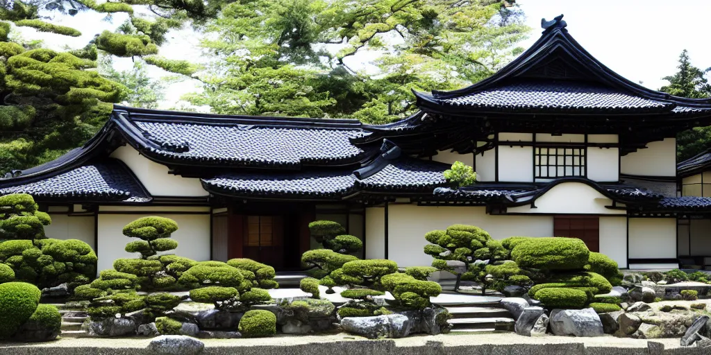 Prompt: large residence, japanese style, flared japanese black tile roof, cascadian, elegant