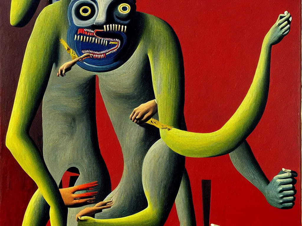 Image similar to a painting of a hominid with a hand face with a centered eye, mouth with sharp teeth centered on the belly, legs that melt into a foresthighly detailed, 4 k, art by max ernst