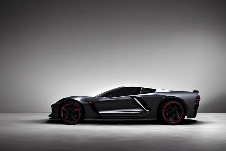 Prompt: a side view photo of concept corvette car on a reflective black floor, hyper detailed, smooth, high contrast, volumetric lighting, octane, jim lee, giorgetto giugiaro, craig mullins, ian callum, vibrant rich deep color