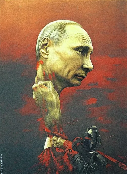 Image similar to Painting in a style of Beksinski featuring Vladimir Putin