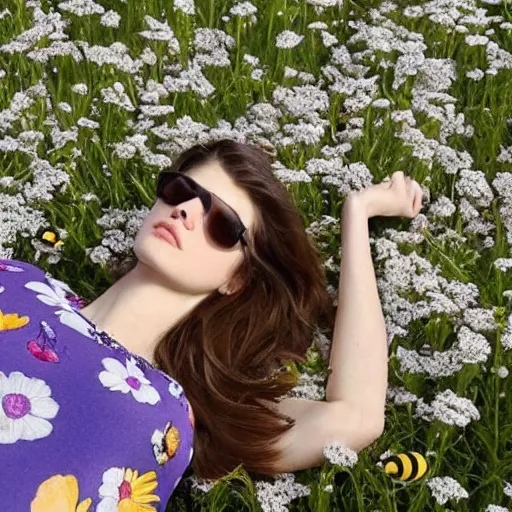 Prompt: alexandra daddario laying in a field of flowers, with bees all over the flowers