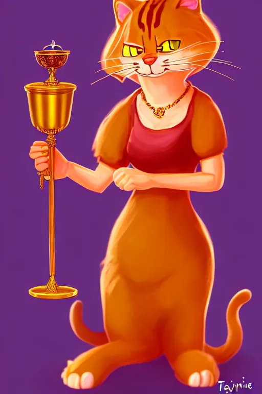 Image similar to fullbody!! personification of garfield the cat garfield goddess holding a blood chalice, stunning, cat face, professional character concept art by tatyana kupriyanova