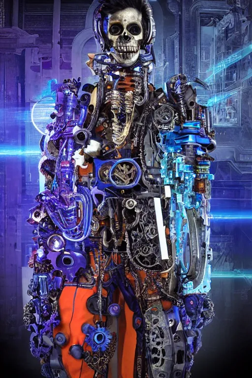 Prompt: full-body cyberpunk style sculpture of a young handsome Spanish prince half android with a chest opening exposing circuitry and a sparking motherboard, glowing blue lasert eyes, crown of mechanical gears and roses, flowing orange-colored silk, fabric, steampunk archways. baroque elements, human skull. full-length view. baroque element. intricate artwork by caravaggio. many many birds birds on background. Trending on artstation, octane render, cinematic lighting from the right, hyper realism, octane render, 8k, depth of field, 3D