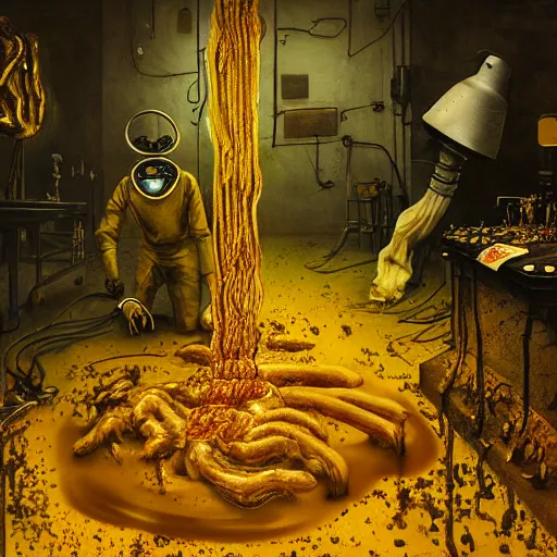 Image similar to realistic coubert dark hi-tech sci-fi lab at night, realistic gustave coubert painting a hideous and sick human exposed guts crawling in two legs and dripping golden metalic fluid from intestine into a pool of golden liquid on the floor. Smokey atmosphere