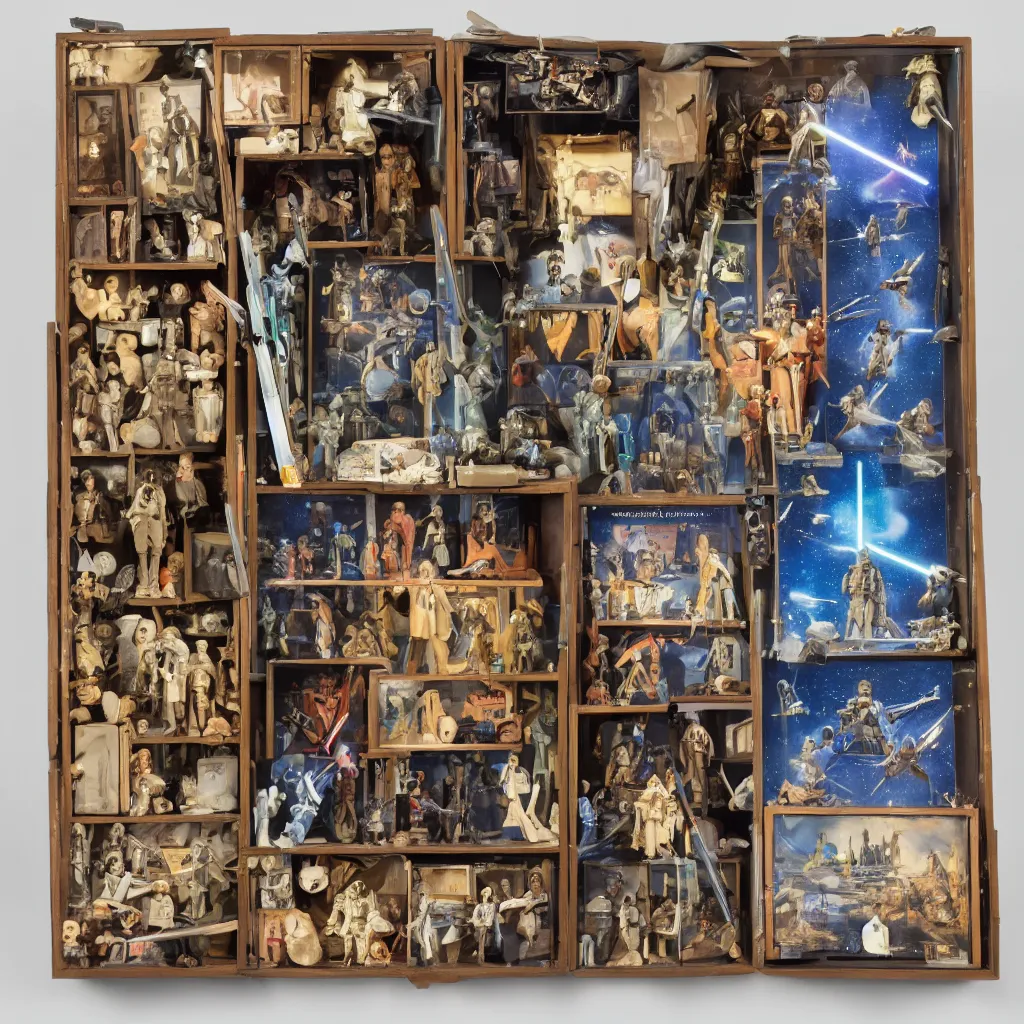 Prompt: a well - lit, detailed museum archive rich color photograph of a star wars memory box by joseph cornell, containing one action figure, some photographs, a star chart, a hologram, some small drawers, a ticket stub, and a large lightsaber