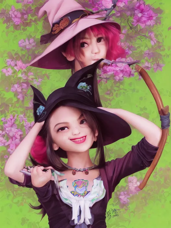 Image similar to Full shot of a cute mischievous young spring witch about to get up to some trouble with her playful bat familiar. Latin American fashion. Floral patterns. cherry blossoms. Bats. Black and Pink and Lime Green palette. Magic. Latina girl. brown skin. defined facial features, symmetrical facial features. Smiling. By Ruan Jia and Artgerm and Range Murata and WLOP and Ross Tran and William-Adolphe Bouguereau. Key Art. Fantasy Illustration. award winning, Artstation, intricate details, realistic, Hyperdetailed, 8k resolution.