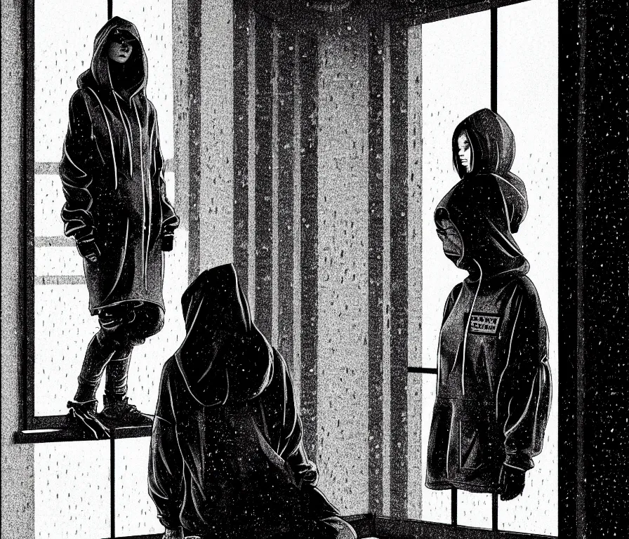 Image similar to sadie sink in hoodie sits on windowsill, knees tucked in | rain falls at night : b & w storyboard, scifi cyberpunk. by gabriel hardman, joe alves, chris bonura. cinematic atmosphere, detailed and intricate, perfect anatomy