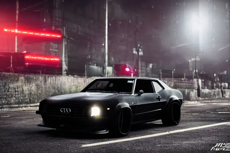 Image similar to widebody all black audi camaro b 1 ( 1 9 6 9 ), need for speed : carbon, at night, sci - fi, neon lines, phonk music background, smoke behind wheels, noise, dark, establishing shot, by simon stalenhag