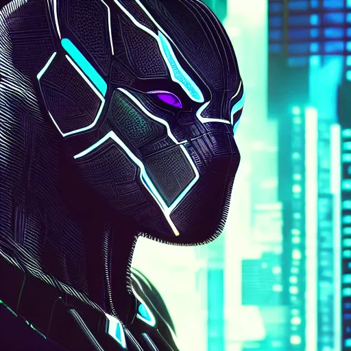 Image similar to Cyberpunk Black Panther, close up shot, neon, cyborg, futuristic, photorealistic, 8K,