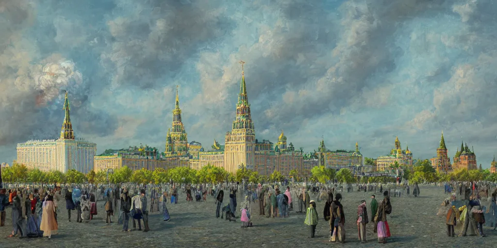 Image similar to a beautiful painting of nuclear strike on Moscow Kremlin by Andreas Marschall, 8k, high detail, advanced rendering whimsically designed art, 4k post-processing highly detailed, Soft illumination