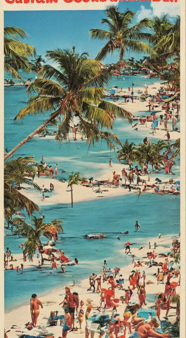 Image similar to a 1950s vacation pamphlet about a Caribbean beach,