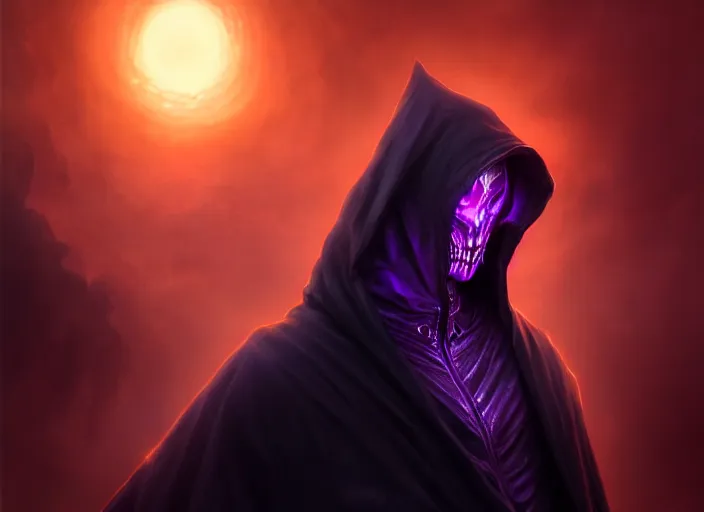Prompt: dark hooded figure, glowing purple eyes, floating beautifully, fantasy, dramatic, intricate, elegant, highly detailed, digital painting, artstation, concept art, smooth, sharp focus, illustration, art by Gustave Dore, octane render