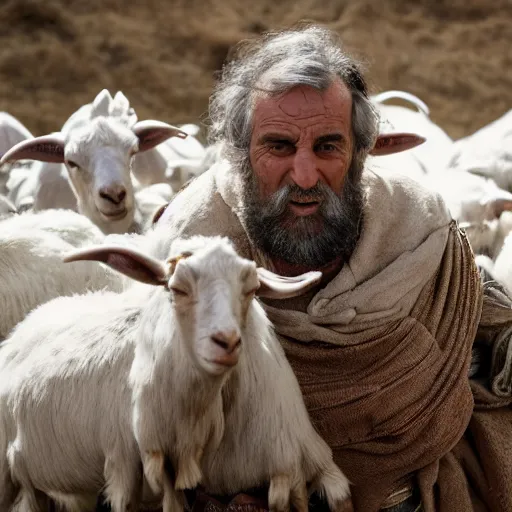 Image similar to Cinematic still portrait of ugly Mediterranean skinned man dressed in Biblical Shepherd Clothing with a flock of goats, Biblical epic film dramatic angles, directed by Steven Spielberg