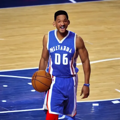 Prompt: award - winning hyperdetailed photograph of will smith playing in the nba, wearing nba jersey, nba court, as seen on getty images, 4 k, 8 k, hd quality
