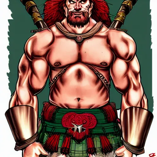 Image similar to bulky muscular scottish warrior with red hair and a kilt, tribal blood red war paintings on his chest, bronze plate armor, in the style of otomo katsuhiro, artgerm