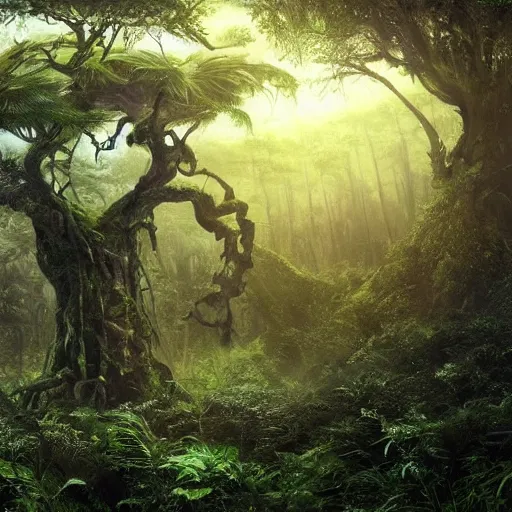 Image similar to horrific, spectacular tree in a densely overgrown jungle, fantasy, dreamlike sunraise, ultra realistic, atmospheric, stopped in time, epic