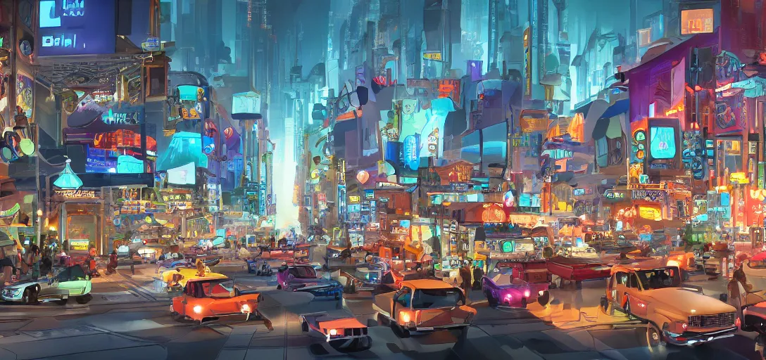 Prompt: visual development futuristic main street los angeles cityscape, by dice tsutsumi, pixar disney dreamworks sony animation, photoshop, the art of books