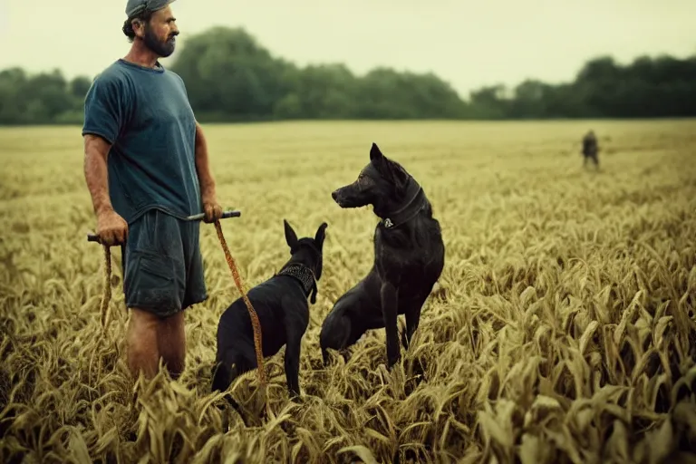 Prompt: a cinematic headshot portrait of a farmer and his dog, working out in the field, movie still, shallow depth of field, muted colors, by krenz cushart