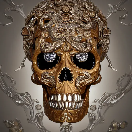 Prompt: a portrait of a beautiful ornate and intricate rococo skull with diamonds as eyes and with silver and gold details and diamonds inside a rococo frame, 4k, octane render, vray, unreal engine, photorealistic