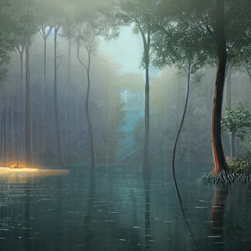 Prompt: hypnagogic reflections in the cenotes by Simon stalenhag and makoto shinkai