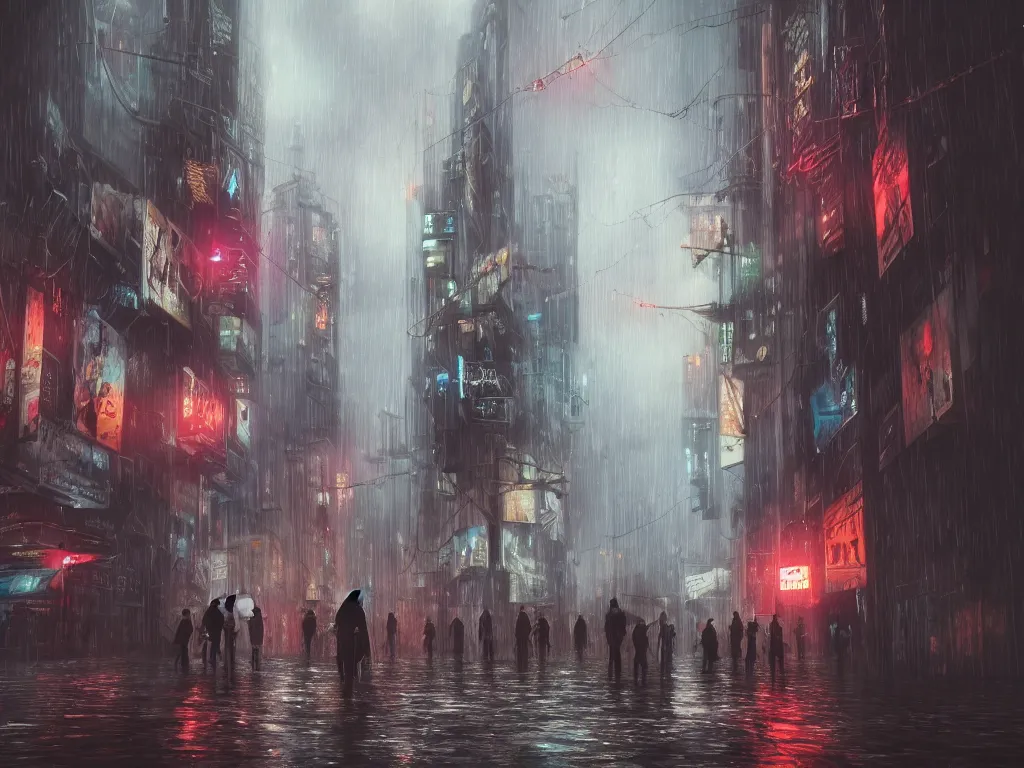 Prompt: Rainy atmosphere with people wearing umbrellas, cinematic, volumetric lighting, dramatic colors, hdr, photorealistic, trending on artstation, centered, intricate details, 4k, high-detail, high contrast, cyberpunk style, 8k