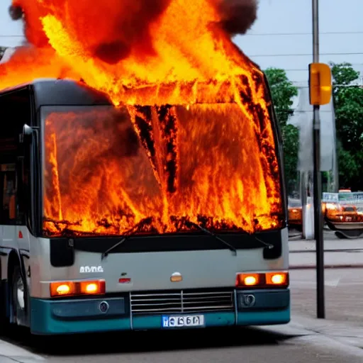 Image similar to autobus on fire with lcd screen saying 5 1 2 photorealistic. rule of thirds.