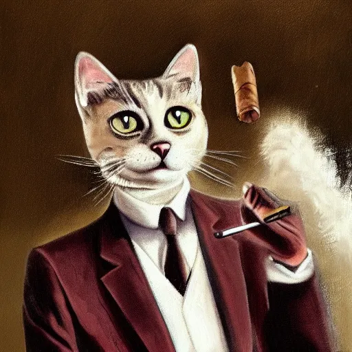 Prompt: cat in suit smoking cigar, portrait,