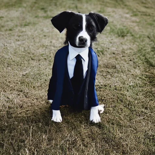 Prompt: photo of a dog in a suit standing upright